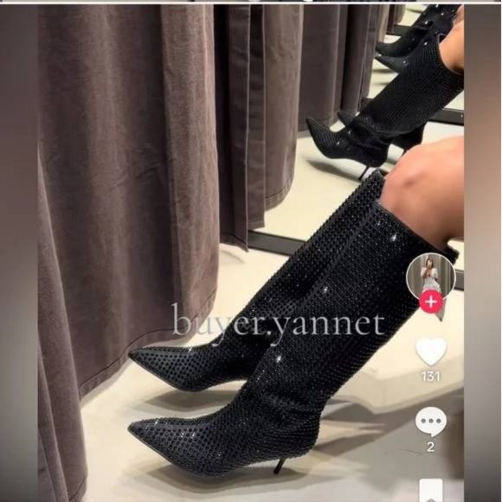 $185 NWT Zara Rhinestone Embellished Knee High‎ Boots Stiletto Heel Party Shoes
